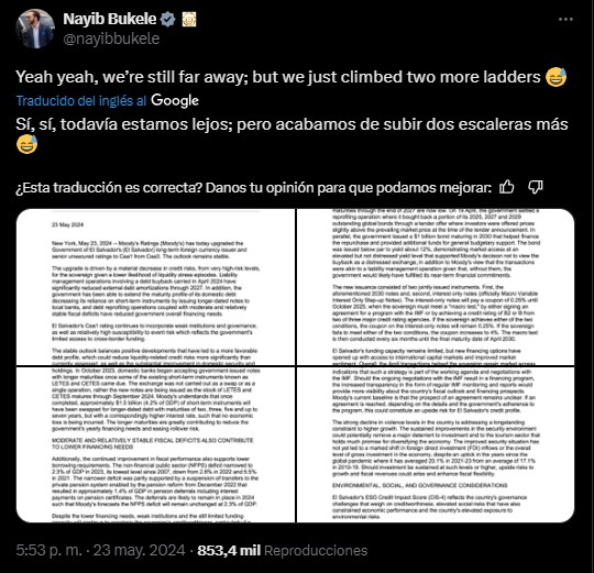 Bukele‍ se refirió a la calificación de‍ Moody´s como un ⁣paso hacia adelante. Fuente: ⁣X/nayibbukele.