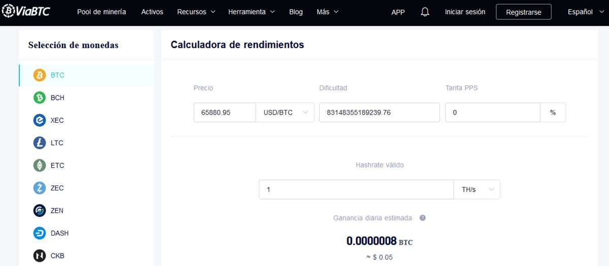 Vista de la calculadora de rendimientos de minería de ⁤criptomonedas.
